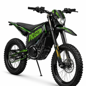Home 16 alaria Dragon 2025 electric dirt bike in green and black on rugged trail