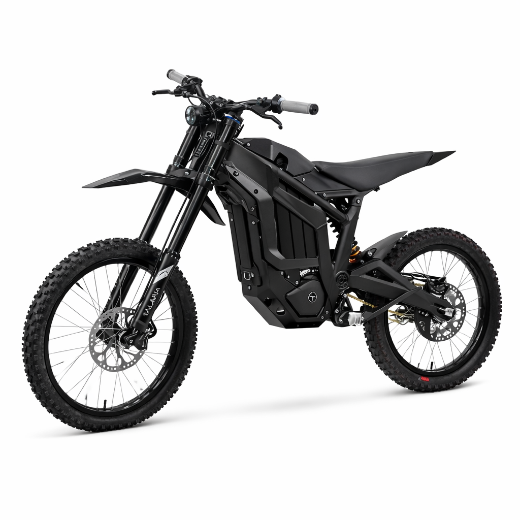 Talaria Sting R MX4 2024 Black 3 Black electric dirt bike with aggressive off-road tires shown at a three-quarter front angle on a white background