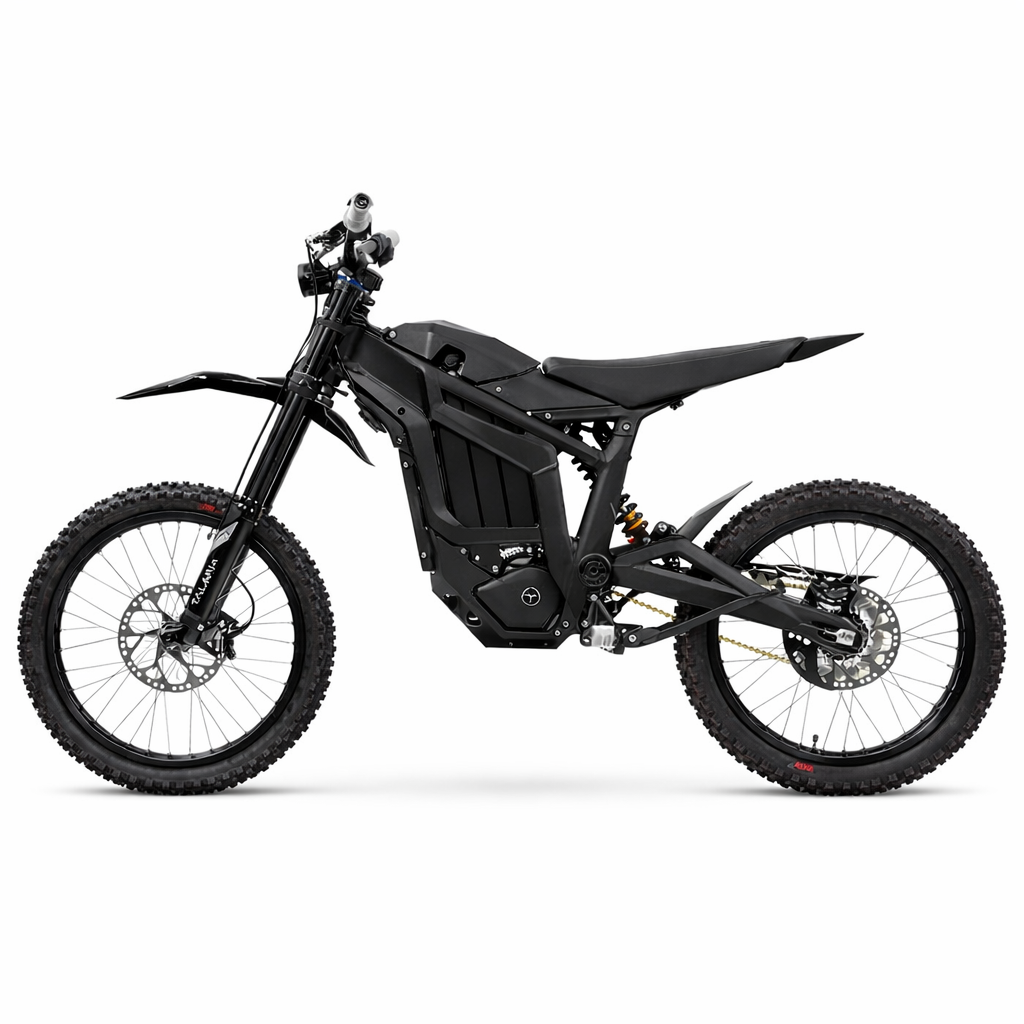 Talaria Sting R MX4 2024 Black 5 Black electric dirt bike with aggressive off-road tires shown at a three-quarter front angle on a white background.