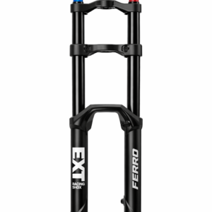 EXT Racing Shox Ferro dual crown downhill suspension fork on white background